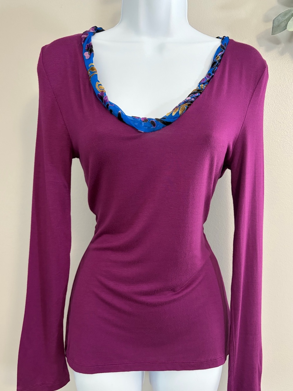 NWOT Aratta Silent Journey Long Sleeve Scoop Neck Top with Blue Floral Trim